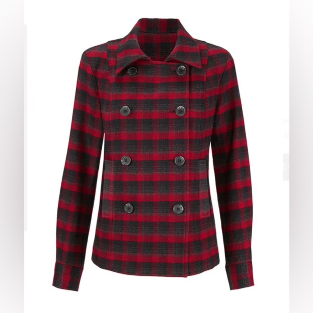 CAbi Red and Black Plaid Pea Coat